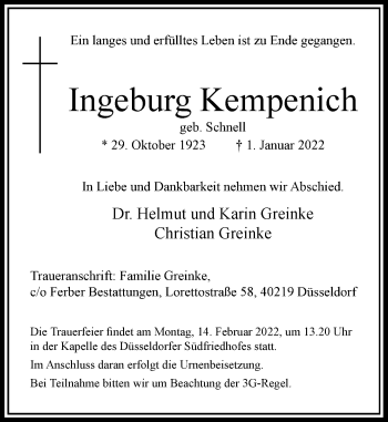 Traueranzeige von Ingeburg Kempenich von Rheinische Post