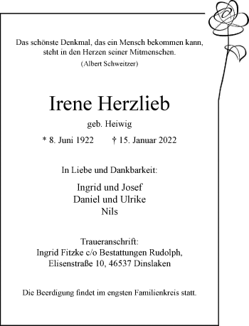 Traueranzeige von Irene Herzlieb von Rheinische Post