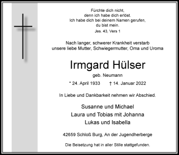 Traueranzeige von Irmgard Hülser von Rheinische Post
