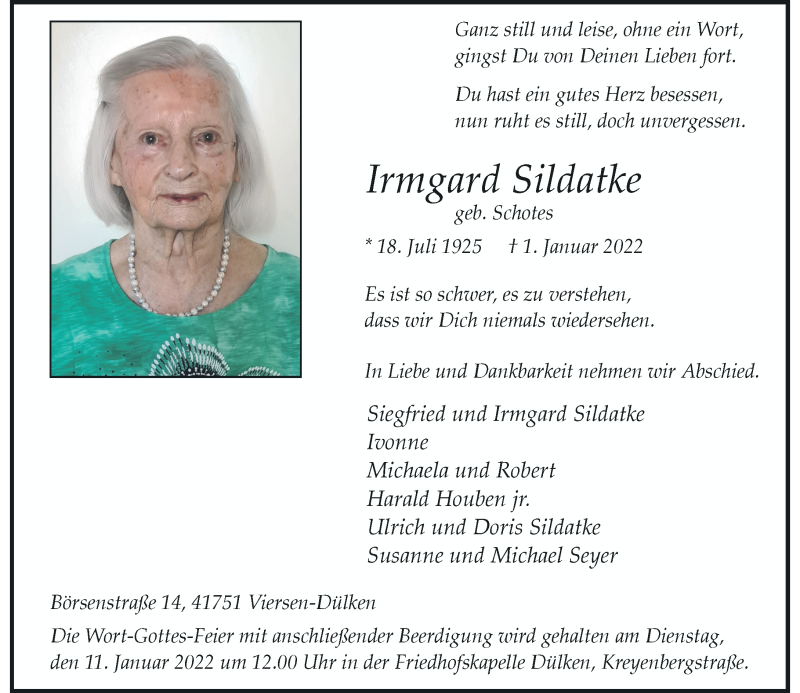  Traueranzeige für Irmgard Sildatke vom 08.01.2022 aus Rheinische Post