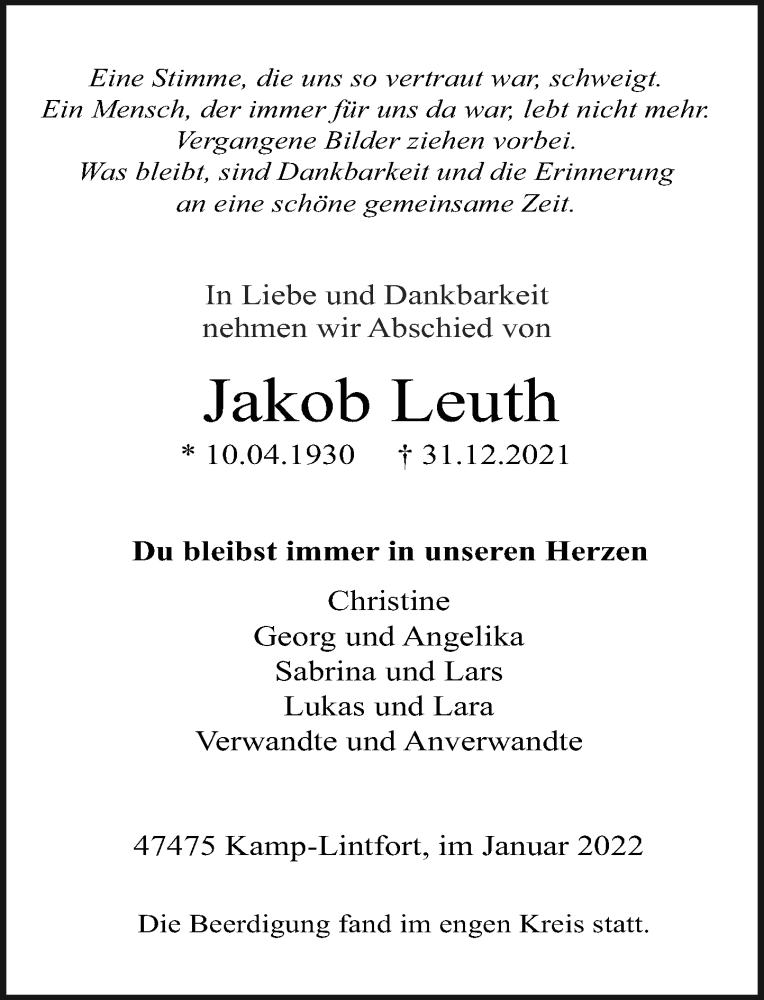  Traueranzeige für Jakob Leuth vom 12.01.2022 aus Rheinische Post