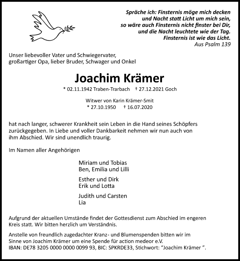  Traueranzeige für Joachim Krämer vom 03.01.2022 aus Rheinische Post