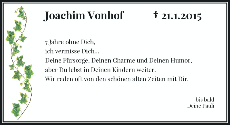  Traueranzeige für Joachim Vonhof vom 22.01.2022 aus Rheinische Post