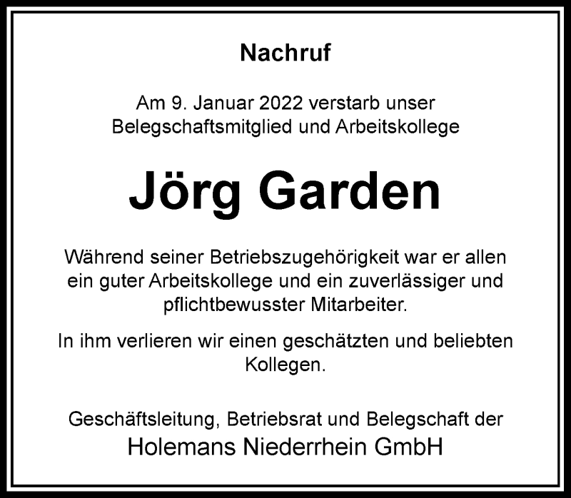  Traueranzeige für Jörg Garden vom 18.01.2022 aus Rheinische Post