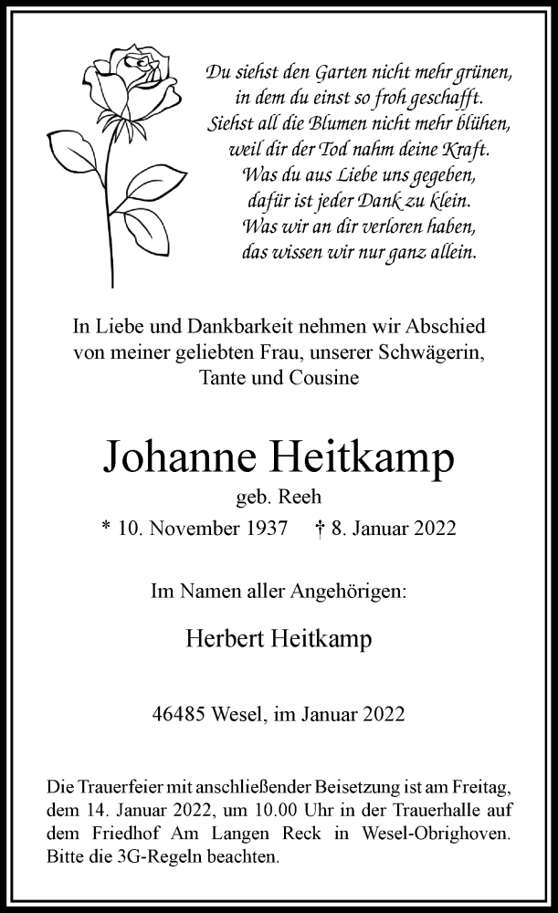  Traueranzeige für Johanne Heitkamp vom 12.01.2022 aus Rheinische Post