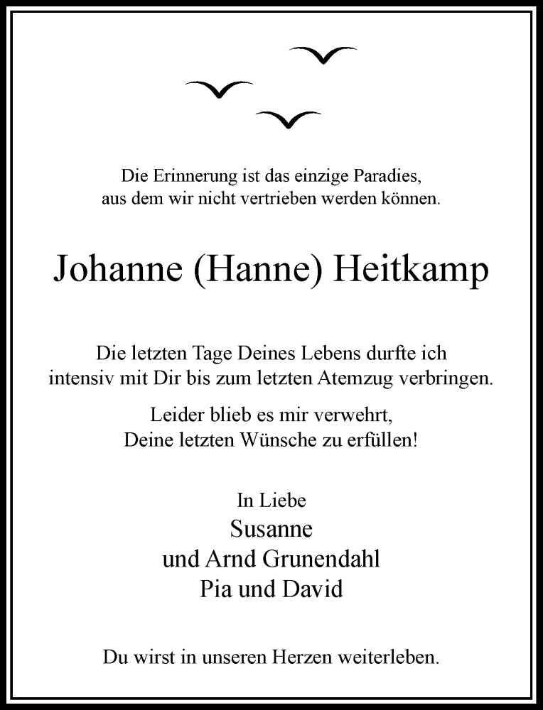  Traueranzeige für Johanne Heitkamp vom 13.01.2022 aus Rheinische Post