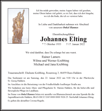 Traueranzeige von Johannes Elting von Rheinische Post