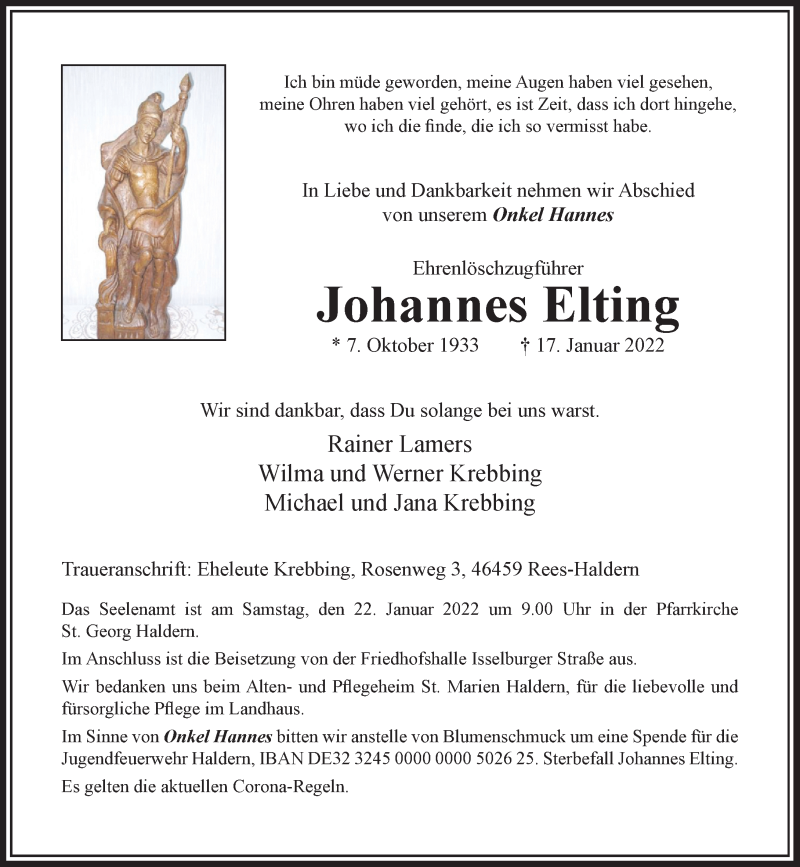  Traueranzeige für Johannes Elting vom 19.01.2022 aus Rheinische Post