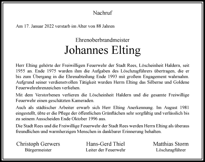  Traueranzeige für Johannes Elting vom 21.01.2022 aus Rheinische Post