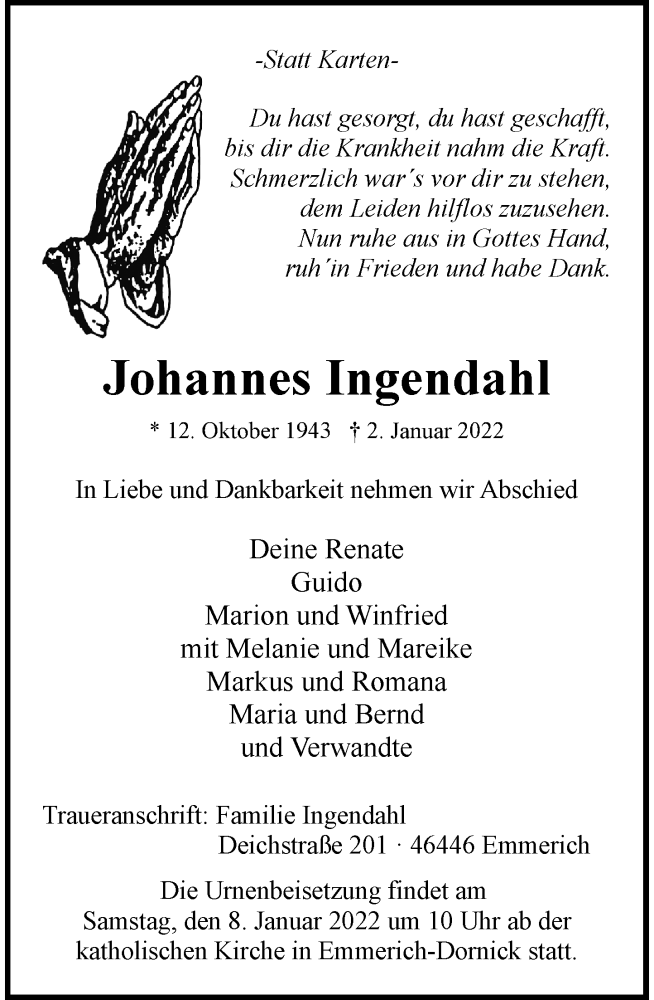  Traueranzeige für Johannes Ingendahl vom 04.01.2022 aus Rheinische Post