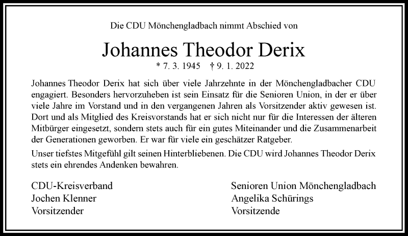  Traueranzeige für Johannes Theodor Derix vom 15.01.2022 aus Rheinische Post