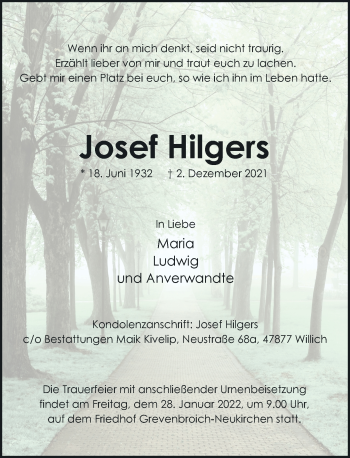 Traueranzeige von Josef Hilgers von Rheinische Post