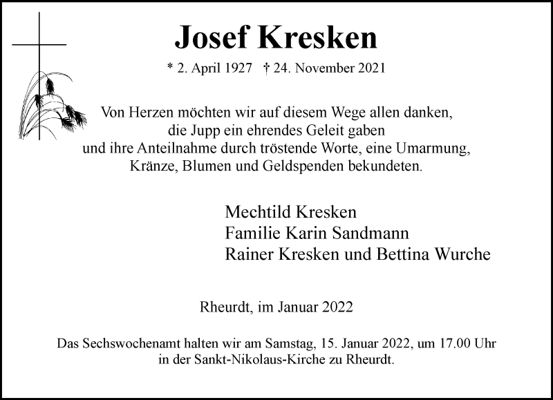  Traueranzeige für Josef  Kresken vom 04.01.2022 aus Rheinische Post