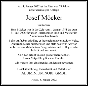 Traueranzeige von Josef Möcker von Rheinische Post