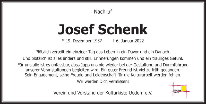  Traueranzeige für Josef Schenk vom 15.01.2022 aus Rheinische Post