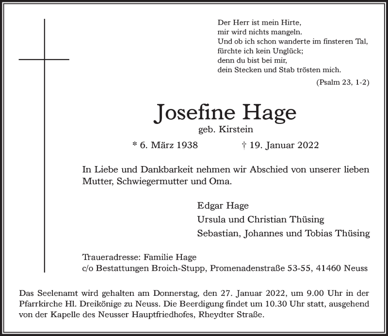  Traueranzeige für Josefine Hage vom 22.01.2022 aus Rheinische Post