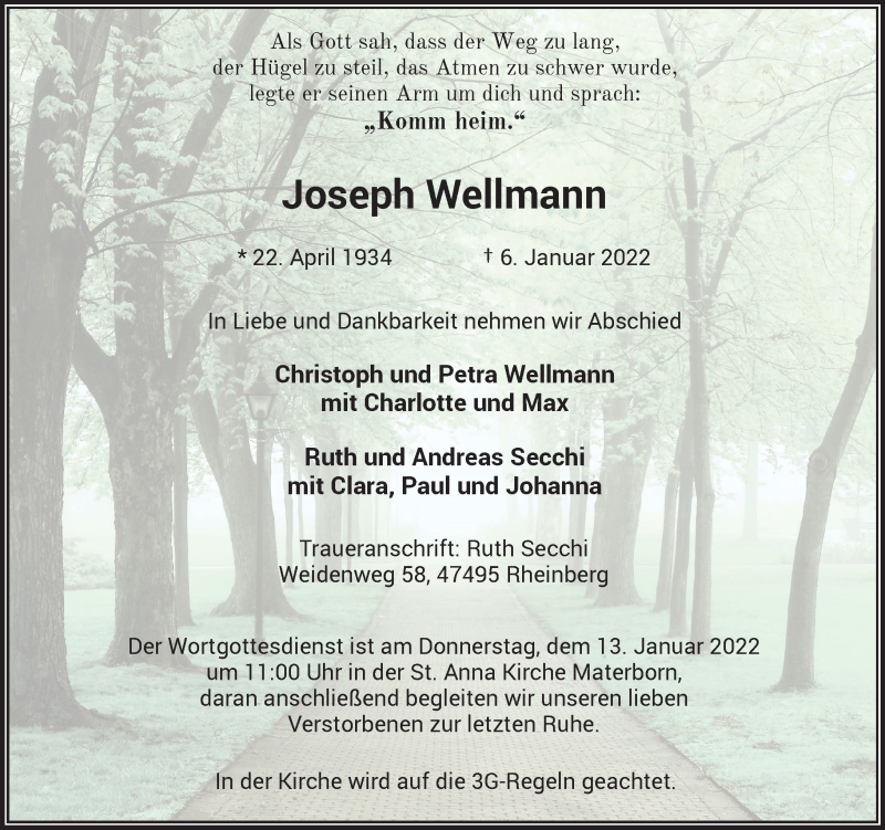  Traueranzeige für Joseph Wellmann vom 08.01.2022 aus Rheinische Post