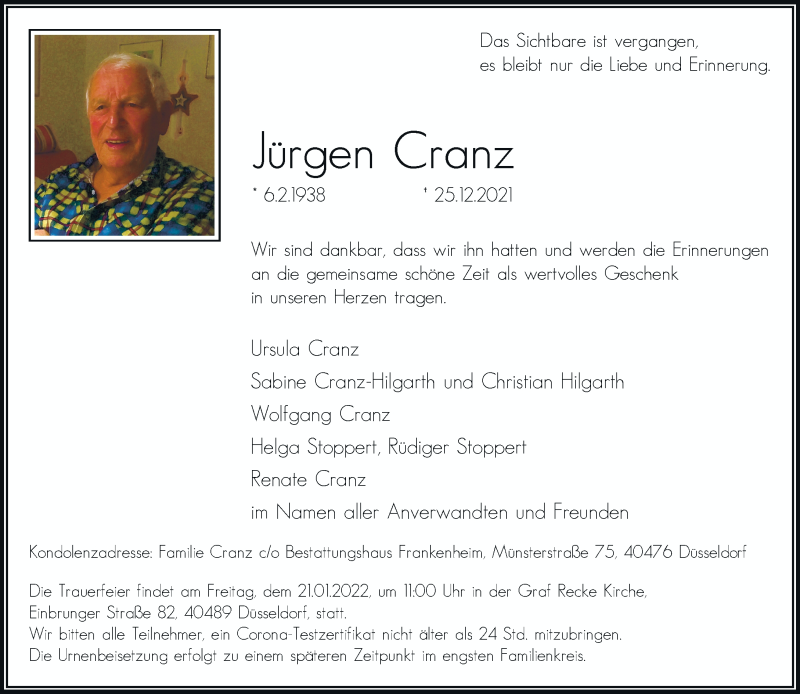  Traueranzeige für Jürgen Cranz vom 08.01.2022 aus Rheinische Post