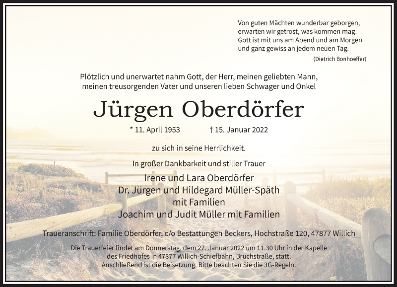  Traueranzeige für Jürgen Oberdörfer vom 22.01.2022 aus Rheinische Post
