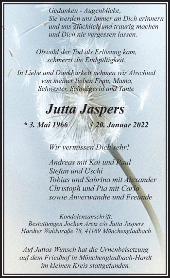 Traueranzeige von Jutta Jaspers von Rheinische Post