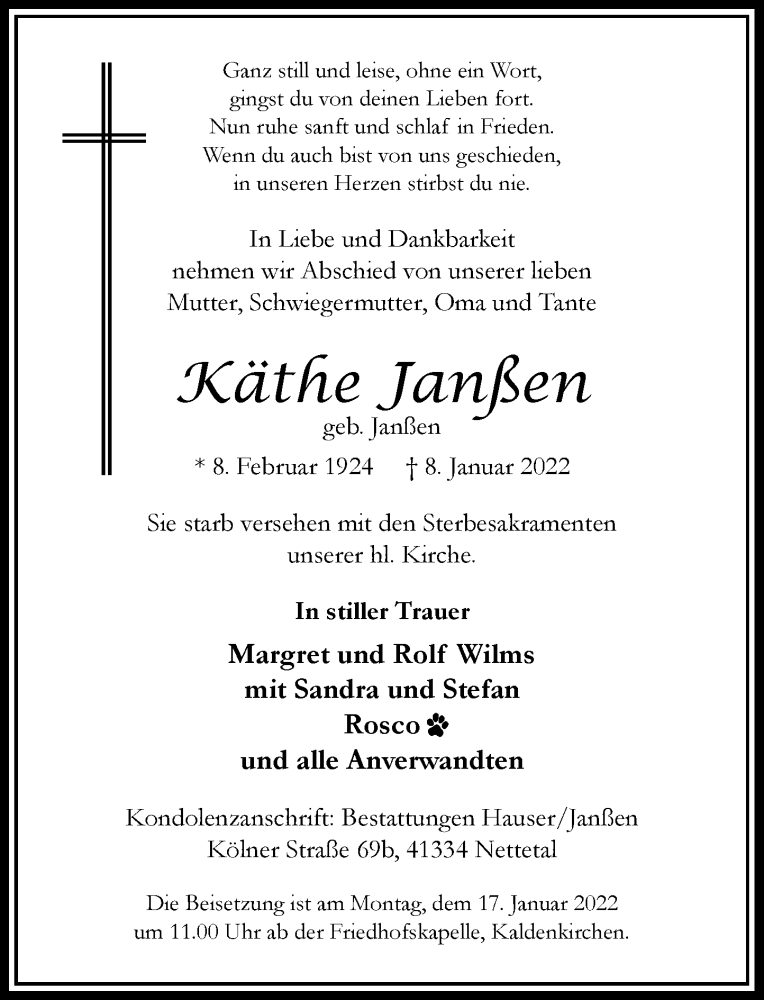  Traueranzeige für Käthe Janßen vom 12.01.2022 aus Rheinische Post