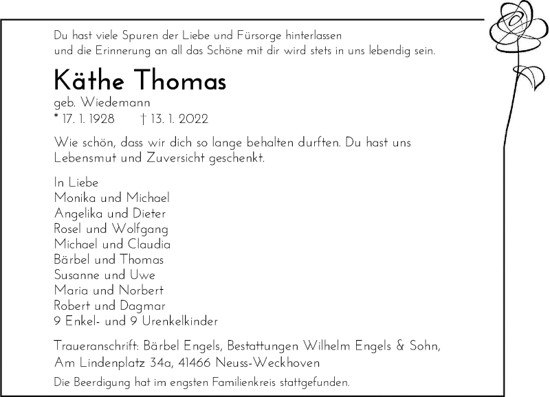  Traueranzeige für Käthe Thomas vom 22.01.2022 aus Rheinische Post