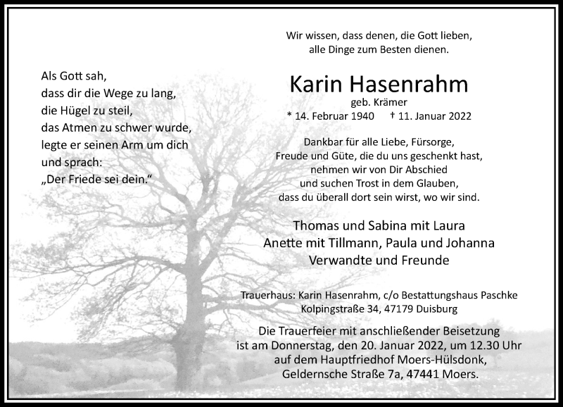  Traueranzeige für Karin Hasenrahm vom 17.01.2022 aus Rheinische Post