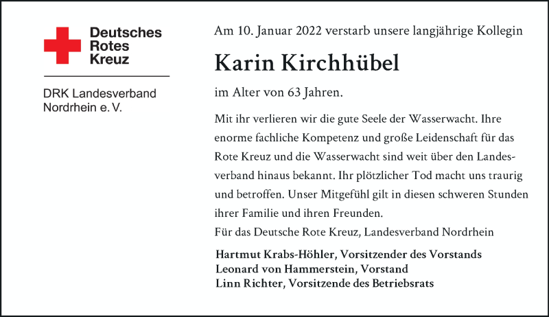  Traueranzeige für Karin Kirchhübel vom 15.01.2022 aus Rheinische Post