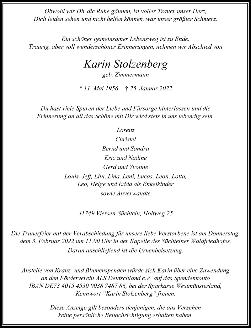  Traueranzeige für Karin Stolzenberg vom 29.01.2022 aus Rheinische Post