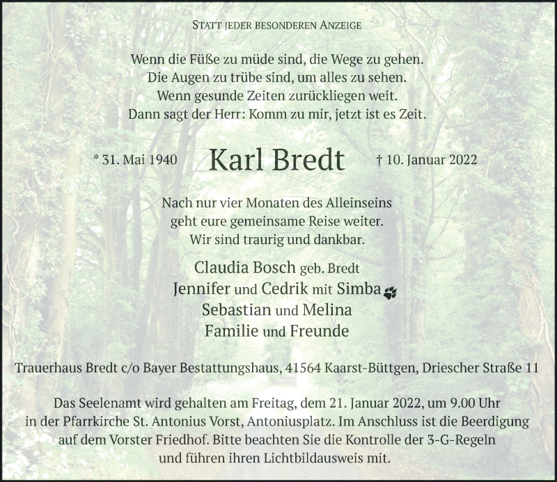 Traueranzeige für Karl Bredt vom 15.01.2022 aus Rheinische Post