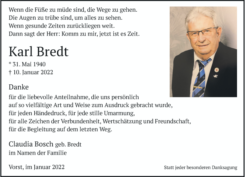  Traueranzeige für Karl Bredt vom 29.01.2022 aus Rheinische Post