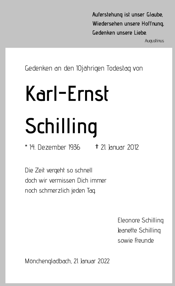  Traueranzeige für Karl-Ernst Schilling vom 21.01.2022 aus Rheinische Post