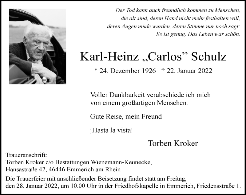  Traueranzeige für Karl-Heinz Schulz vom 25.01.2022 aus Rheinische Post