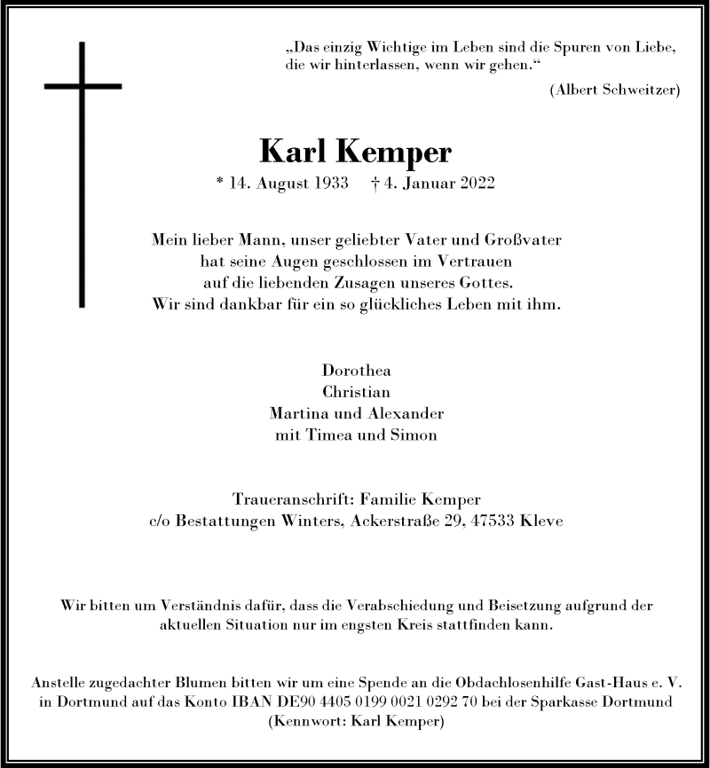  Traueranzeige für Karl Kemper vom 08.01.2022 aus Rheinische Post