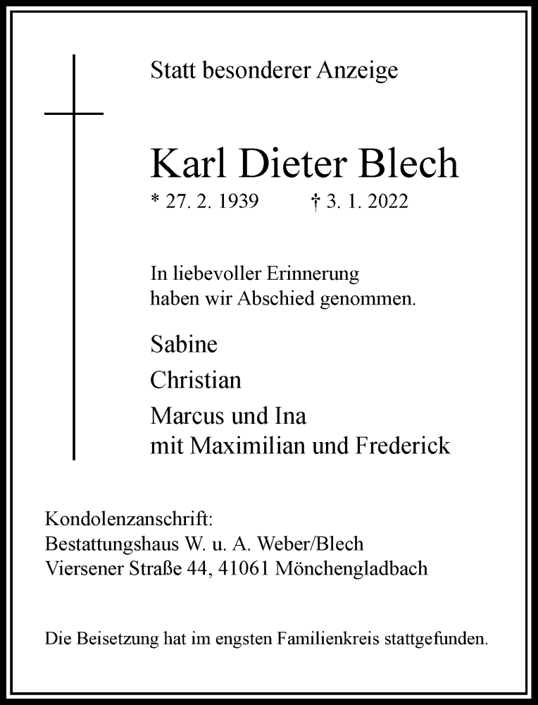  Traueranzeige für Karl Dieter Blech vom 15.01.2022 aus Rheinische Post