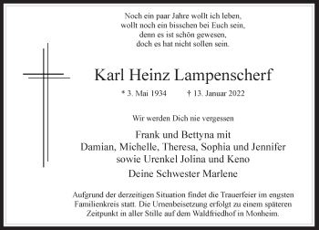 Traueranzeige von Karl Heinz Lampenscherf von Rheinische Post