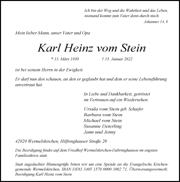 Traueranzeige von Karl Heinz vom Stein von Rheinische Post