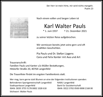 Traueranzeige von Karl Walter Pauls von Rheinische Post