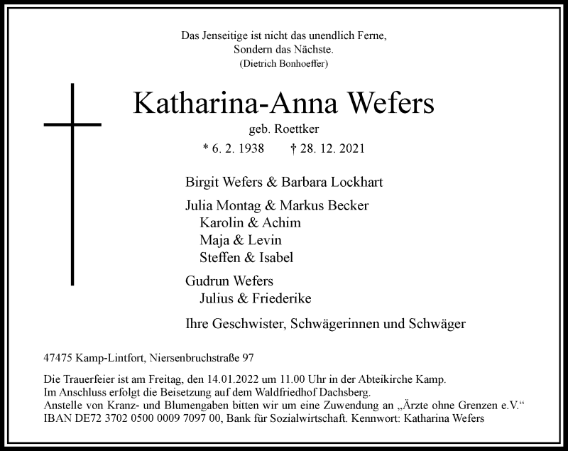  Traueranzeige für Katharina-Anna Wefers vom 08.01.2022 aus Rheinische Post