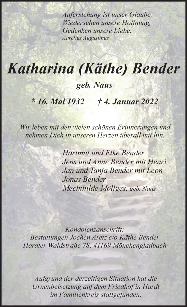  Traueranzeige für Katharina Bender vom 15.01.2022 aus Rheinische Post