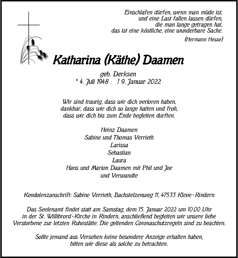 Traueranzeige für Katharina Daamen vom 12.01.2022 aus Rheinische Post