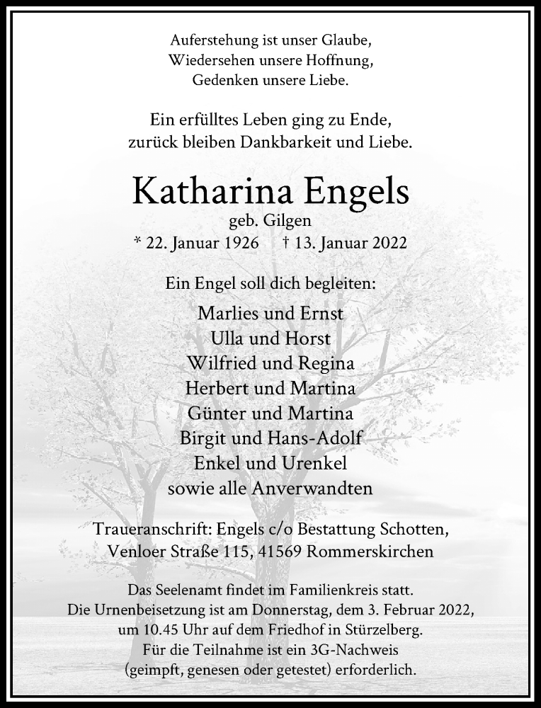  Traueranzeige für Katharina Engels vom 22.01.2022 aus Rheinische Post