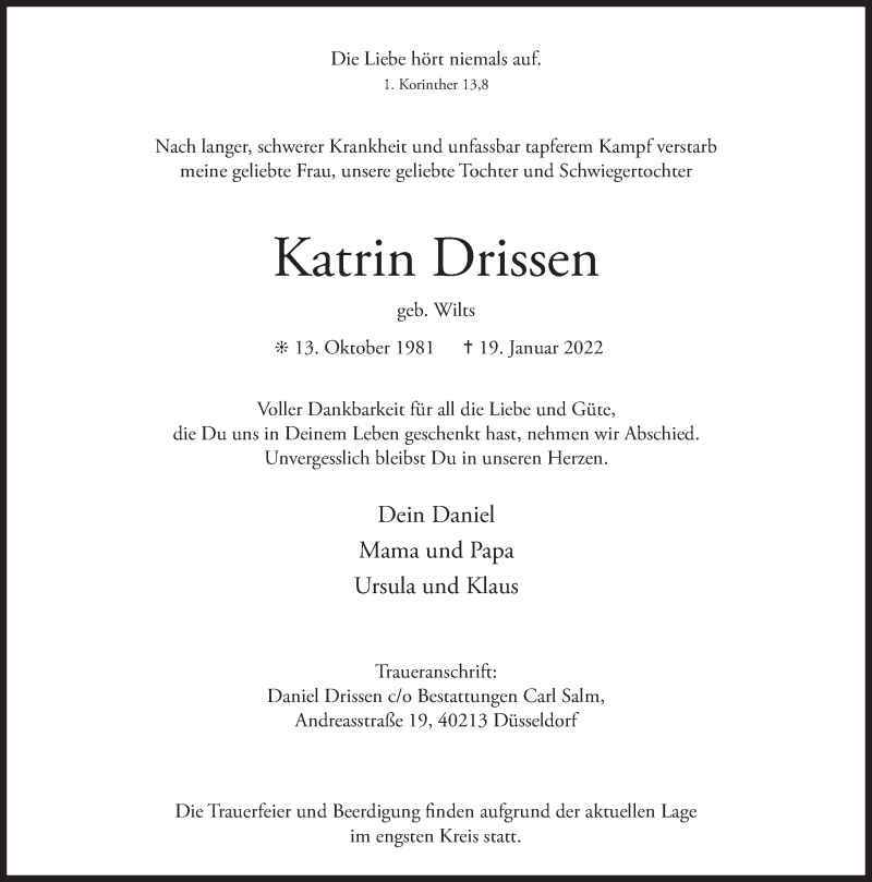  Traueranzeige für Katrin Drissen vom 22.01.2022 aus Rheinische Post