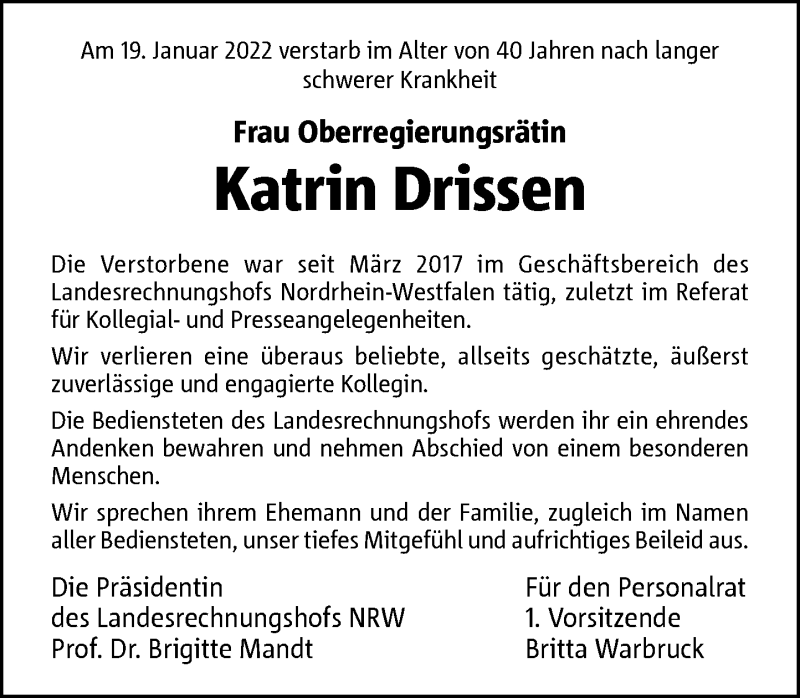  Traueranzeige für Katrin Drissen vom 28.01.2022 aus Rheinische Post