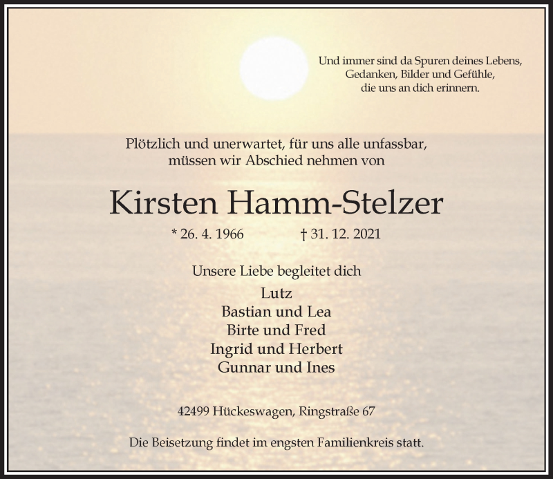  Traueranzeige für Kirsten Hamm-Stelzer vom 08.01.2022 aus Rheinische Post