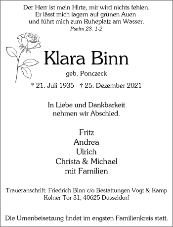 Traueranzeige von Klara Binn von Rheinische Post