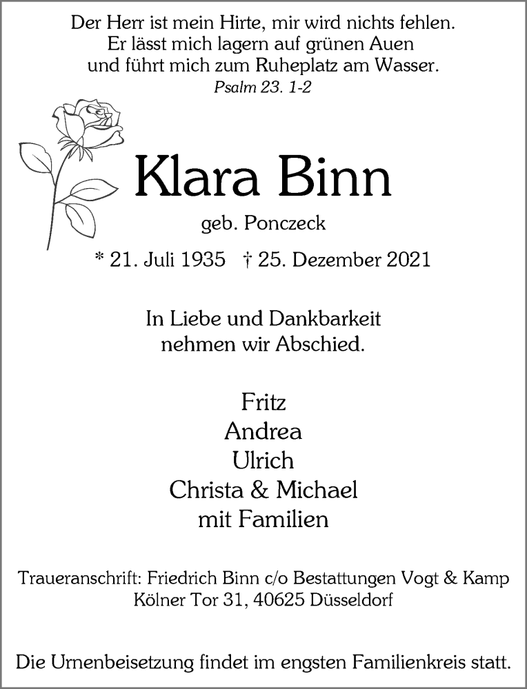  Traueranzeige für Klara Binn vom 08.01.2022 aus Rheinische Post