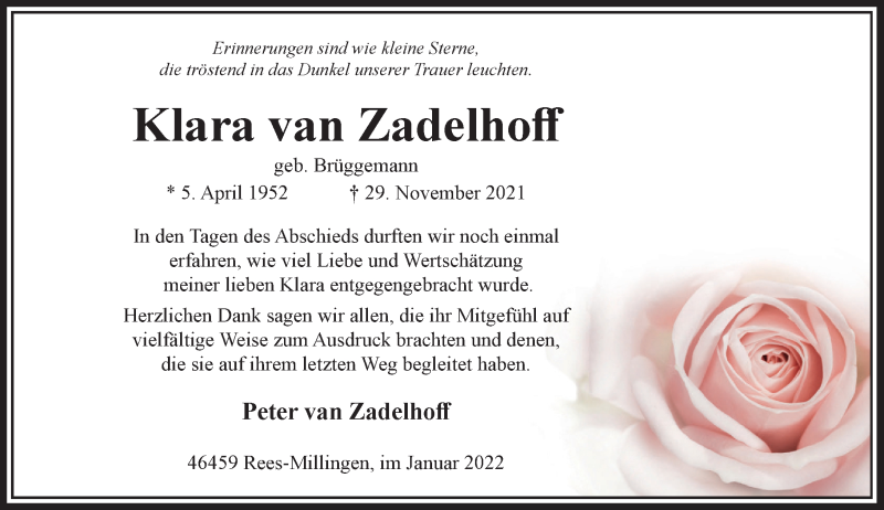  Traueranzeige für Klara van Zadelhoff vom 08.01.2022 aus Rheinische Post