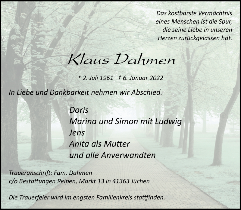  Traueranzeige für Klaus Dahmen vom 15.01.2022 aus Rheinische Post