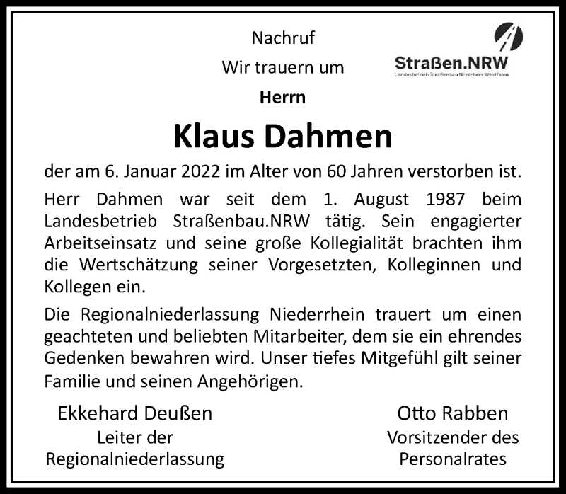  Traueranzeige für Klaus Dahmen vom 27.01.2022 aus Rheinische Post